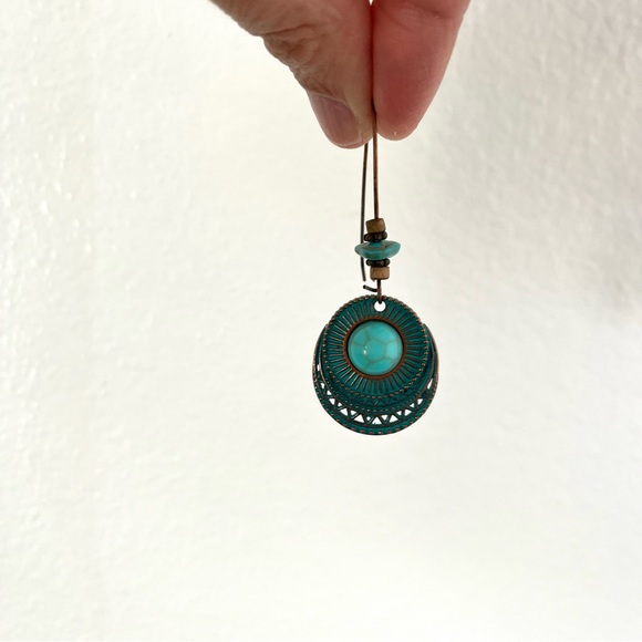 Turquoise Color and Bronze Boho Hippie Earrings - Picture 2 of 6